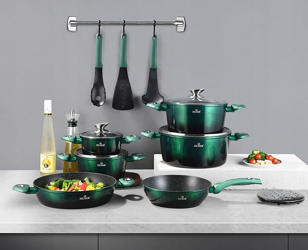 Topfset 15-teilig, Marmor- & Keramikbeschichtung, Glasdeckel, Grün | Töpfe und Pfannen für alle Herdarten, Induktion, Antihaftbeschichtung, Aluminium, Kochgeschirr-Set
