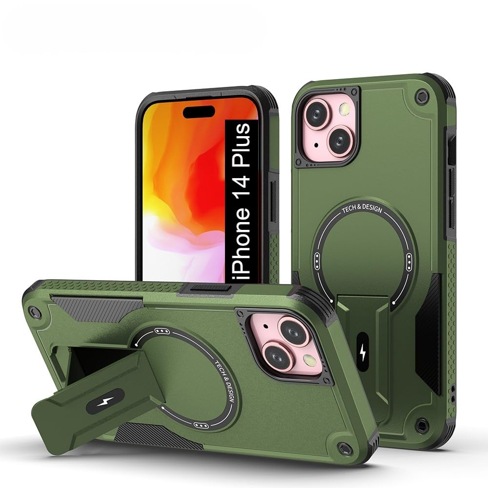 US LITE Back Cover for iPhone 14 Plus with Portable Kickstand | Mag-Safe Compatible Magnetic Case | Shockproof Military Grade Protection | Extreme Protection Phone Cover – Green
