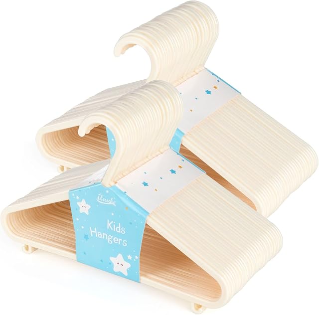 ilauke 60 Pack Plastic Childrens Clothes Hangers Beige Plastic Coat Hangers for Kids Clothes with Skirt Trouser Bar (28.5cm x 17.5cm)