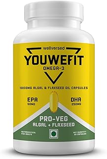YouWeFit Pro-Vegetarian Omega 3 Capsules 1000mg 60 Capsules | 250mg DHA 200mg ALA & 50mg EPA | Algal Oil + Flaxseed Oil Fo... Price In India