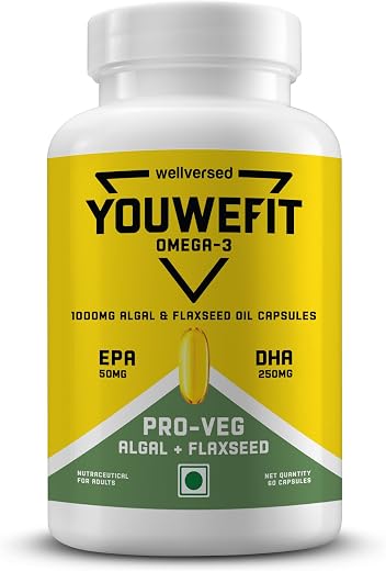 YouWeFit Pro-Vegetarian Omega 3 Capsules 1000mg 60 Capsules | 250mg DHA 200mg ALA &amp; 50mg EPA | Algal Oil + Flaxseed Oil Fo...