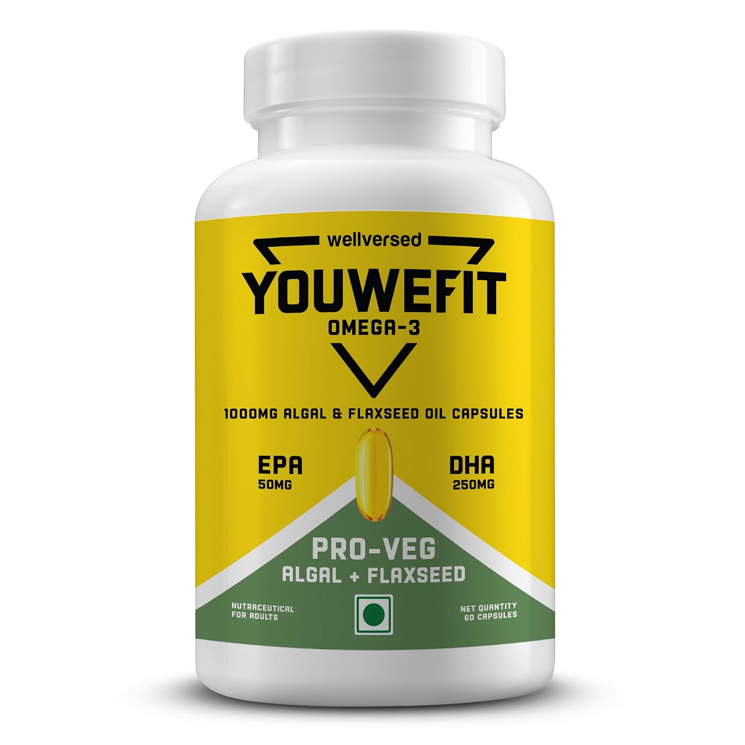 YouWeFit Pro-Vegetarian Omega 3 Capsules 1000mg 60 Capsules | 250mg DHA 200mg ALA & 50mg EPA | Algal Oil + Flaxseed Oil Fo...