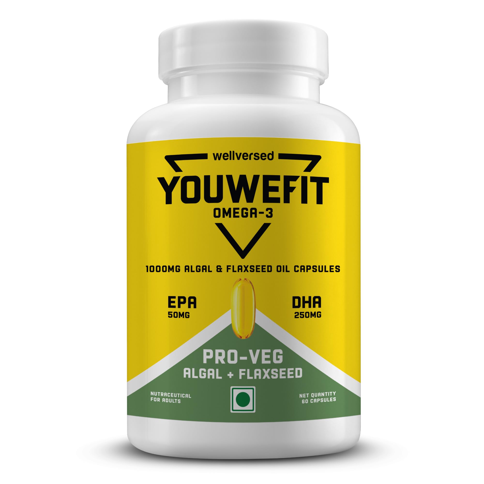 YouWeFit Pro-Vegetarian Omega 3 Capsules 1000mg 60 Capsules | 250mg DHA 200mg ALA & 50mg EPA | Algal Oil + Flaxseed Oil Formula | Astaxanthin Curcumin & Selenium | Heart Brain Joint & Recovery Support