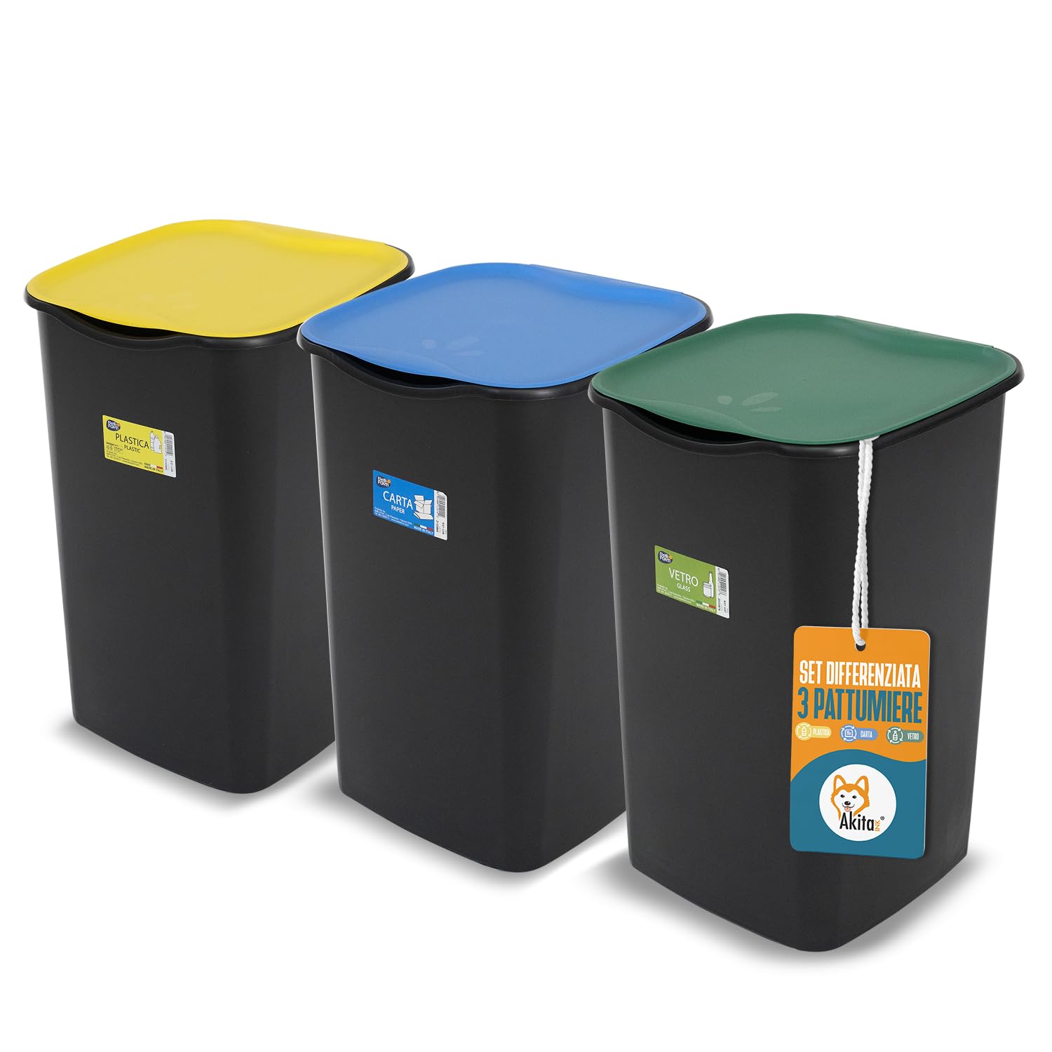 AKITAInk - Set 3 Pattumiere Differenziate AKIJAZZ3, Secchio Pattumiera 3 Bidoni da 50 litri – Organizza la Raccolta con Stile e Funzionalità