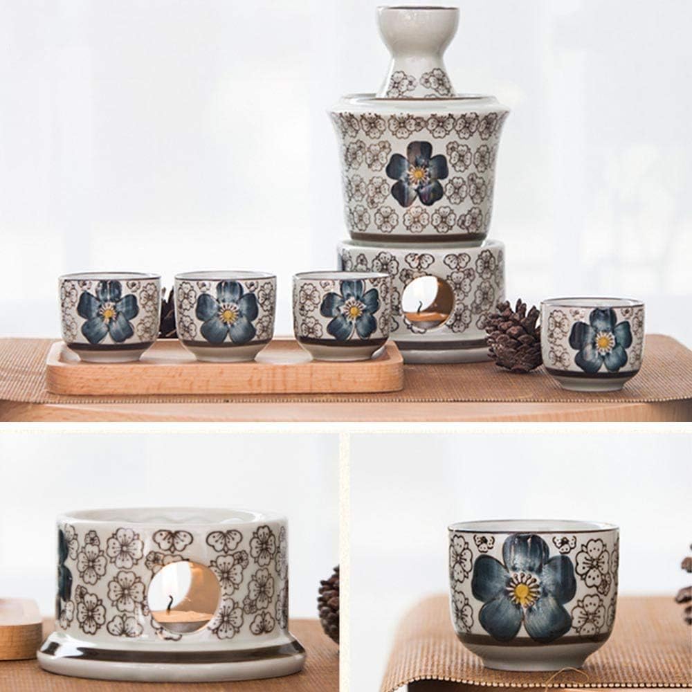7-Piece Sake Set Quaint Texture Black Glaze Ceramic Wine Glass Set with Warming Pot and Candle Stove Unique Elegant Design Best Gift for Family and Friends