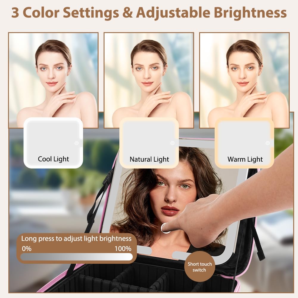 OSDUE Beauty Case da Viaggio Donna 23x26 cm Borsa Cosmetica con Specchio 3 Colori LED Porta Trucchi Rosa
