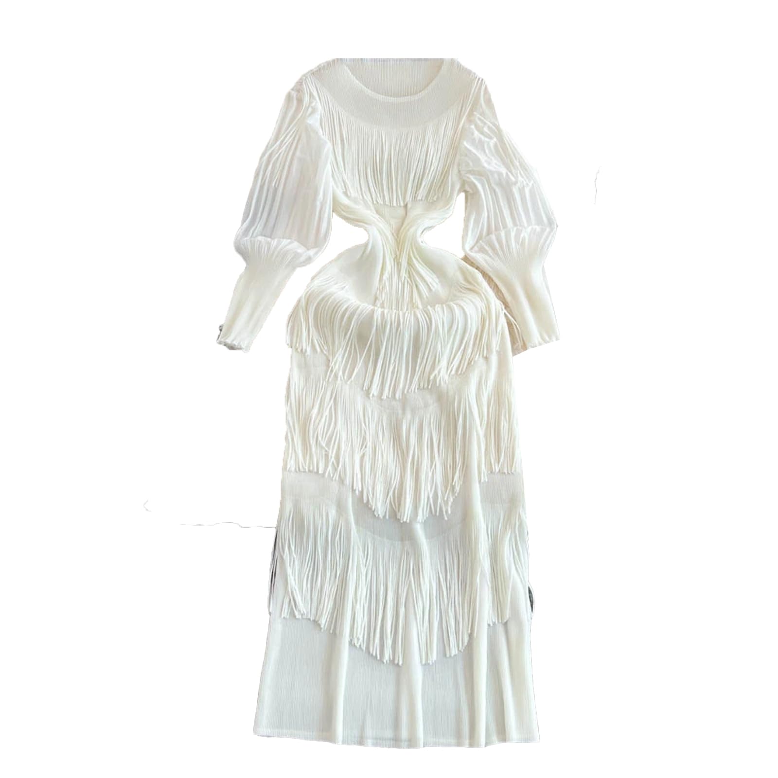 Women Tassel Pleated Lantern Sleeves Slim Dress Sexy Business Dress