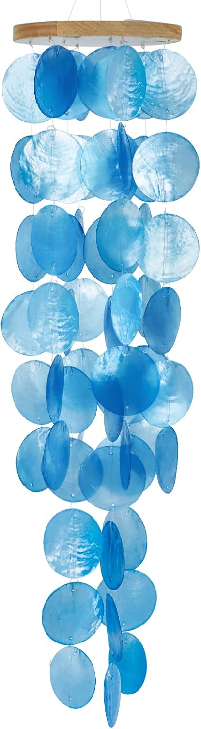 Capiz Shell Wind Chime for Outside 28” Sea Glass Wind Chime Ocean/Beach Themed Chime Gift for Women Mother’s Day Decoration Blue