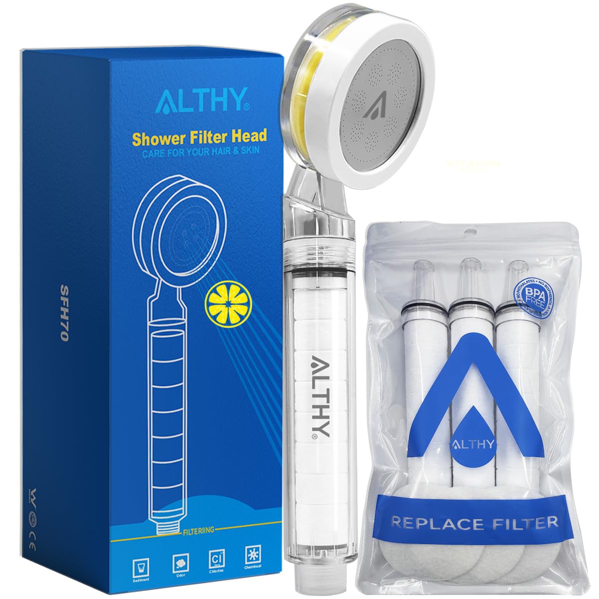 ALTHY Soffione Doccia Filtro Vitamina C, soffione doccia con filtro SPA, rimuove polvere, ruggine, cloro e metalli pesanti - prenditi cura della tua pelle e dei tuoi capelli(Con 1VC + 4PP Filtro)