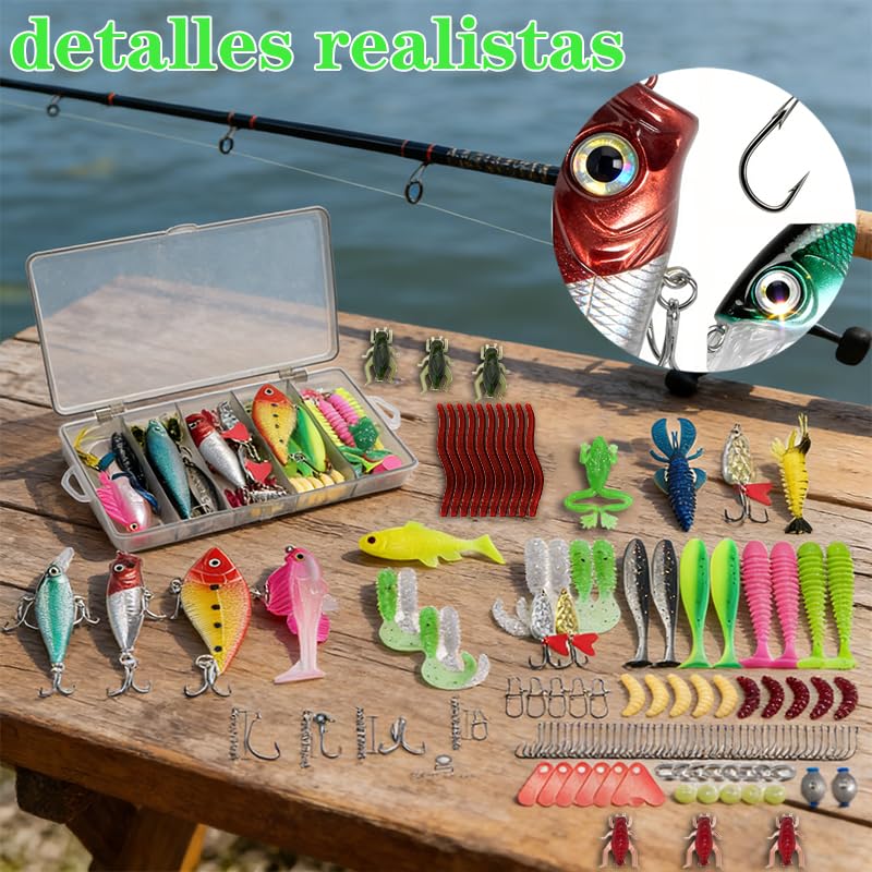ZhaoCaiWJ 133 Piezas Señuelos de Pesca Kit Completo - Cebos Artificiales Mixtos con Caja de Aparejos: Vinilos, Cucharillas, Ranas y Anzuelos - Equipo de Pesca Spinning para Mar y Río (Black Bass, Truc - 5