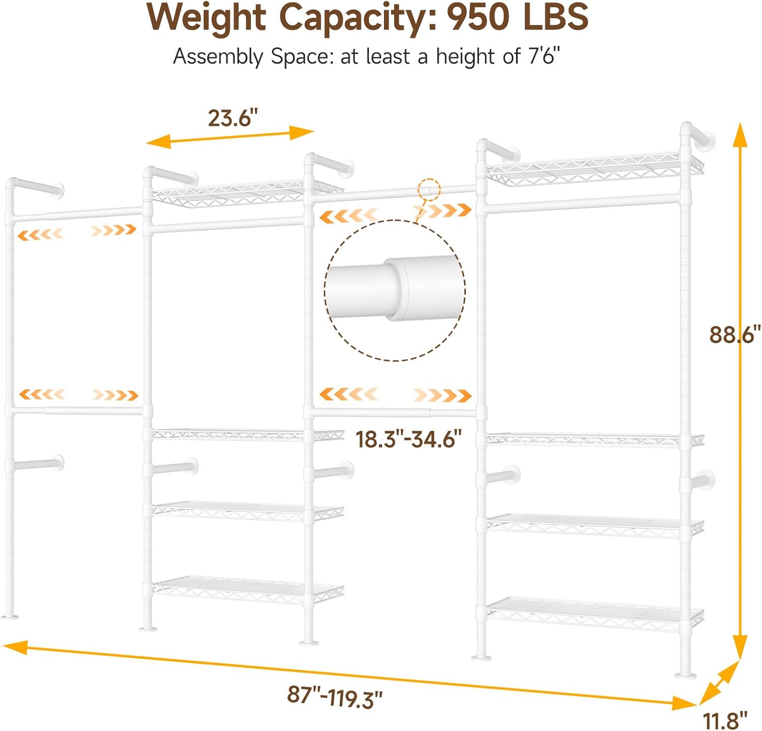 ONBRILL H4 Wall Mounted Closet System, Expandable Industrial Pipe Clothes Rack Clothing Rack for Hanging Clothes, Heavy Duty Closet Organizers and Storage in Wardrobe Closet - White