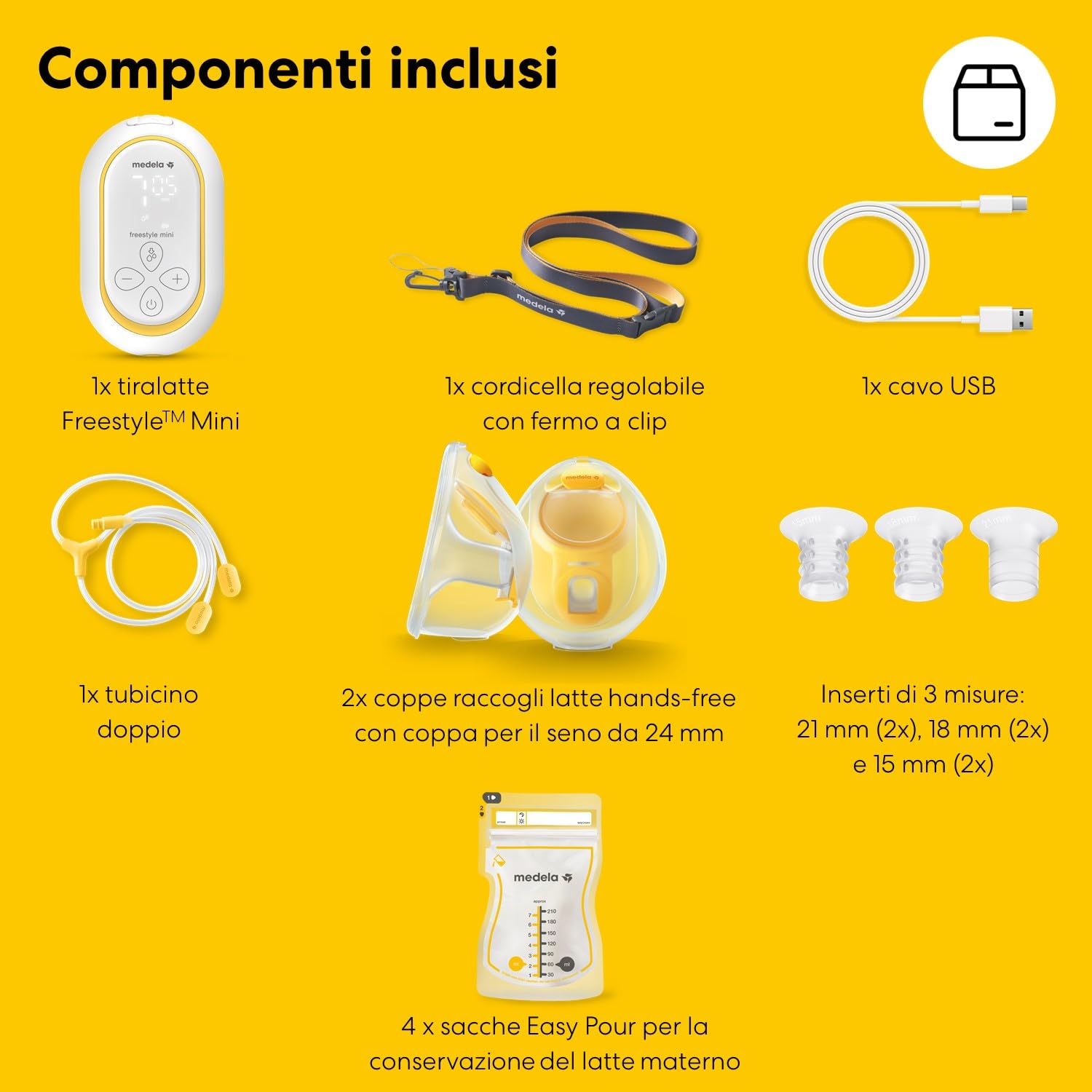 Medela Freestyle Mini Hands-Free elettrico doppio con coppe Hands-Free e batteria ricaricabile.