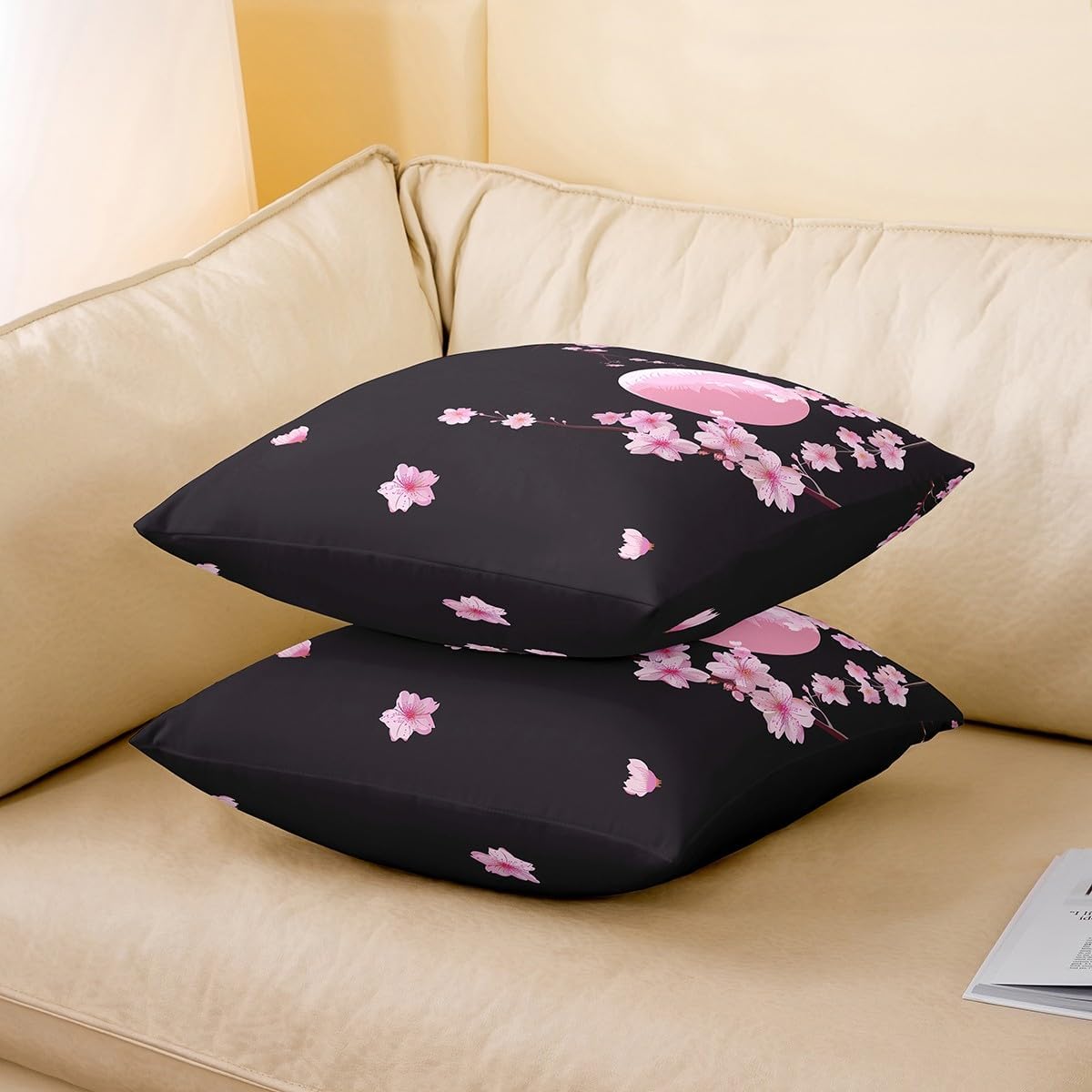 Cherry Blossoms Throw Pillow Covers Soft Square 22"x22" Japanese Style Cushion Case Home Decor Set of 2 Sakura Flower Moon Pink Pillow Cases Pillowcases for Couch Sofa Living Room Bedroom Bed Chair
