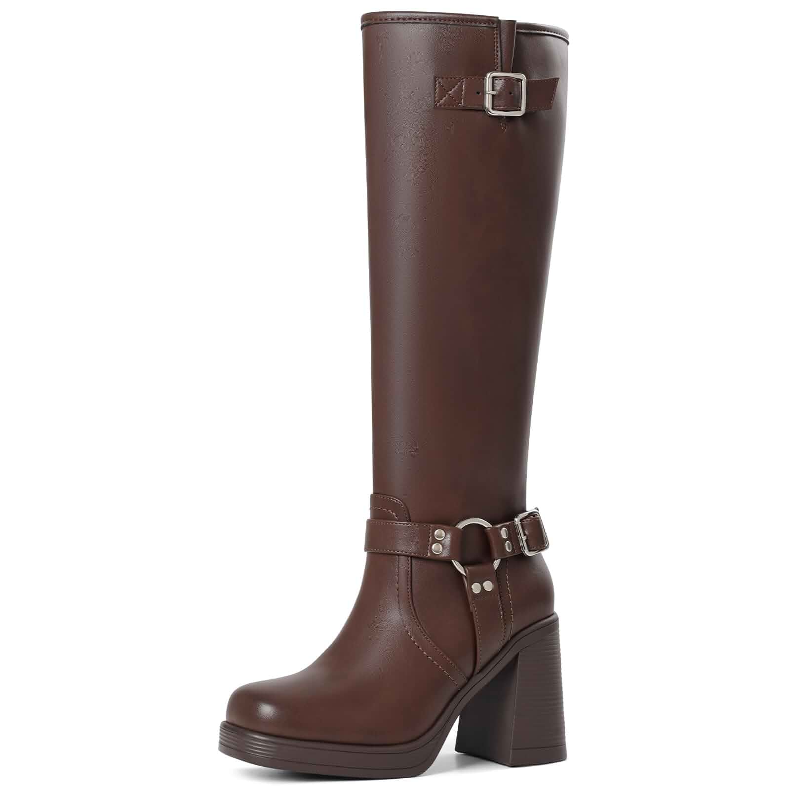 AOSPHIRAYLIAN Knee High Boots Women Black Boots Square Toe Leather Shoes Elastic·Buckle·Easy Cleaning·Comfy Insole·Non Slip·3.14" Chunky Heel·Side Zip—Office to Wedding, Motorcycle & Riding Boots
