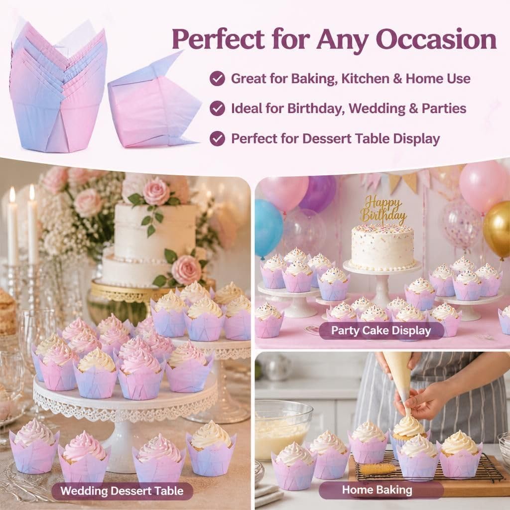 100 Pack Pink Blue Cupcake Liners Large Muffin Liners Tulip Baking Cups Paper Cupcake Wrappers Greaseproof Baking Cups Large Cupcake Liners for Kitchen Party Wedding Birthday Baking (Pink)
