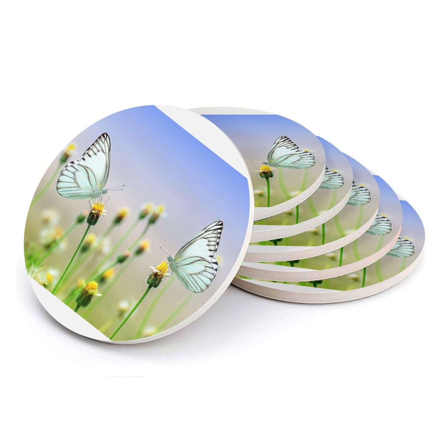 Sous-verre céramique anti-tache de table lot de 6 papillons fleurs
