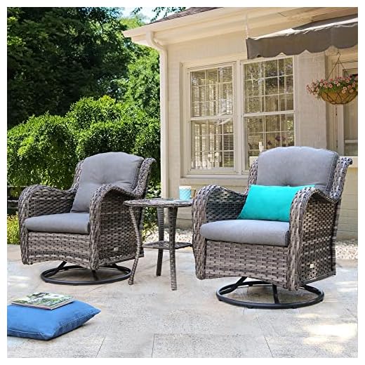 HAPLIFE 3 Pieces Patio Wicker Swivel Rocker Chairs with Side Table Rattan Outdoor Furniture Rocking Chair Set (Grey)