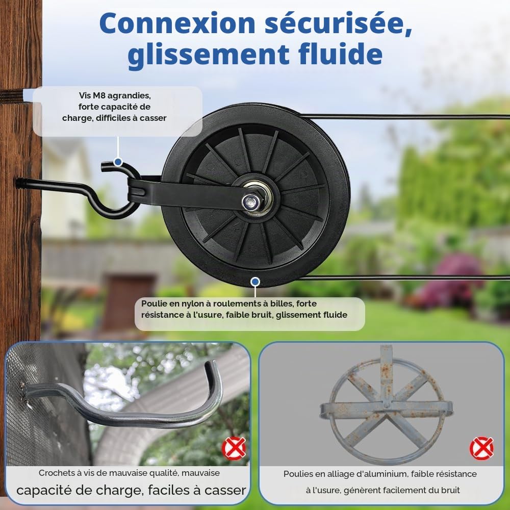 Corde à Linge de 45 m, Câble métallique gainé en PVC Noir, avec poulie de renvoi en Nylon, Séparateur, Crochet à vis M8 - Corde à Linge - Résistant aux intempéries - pour extérieur