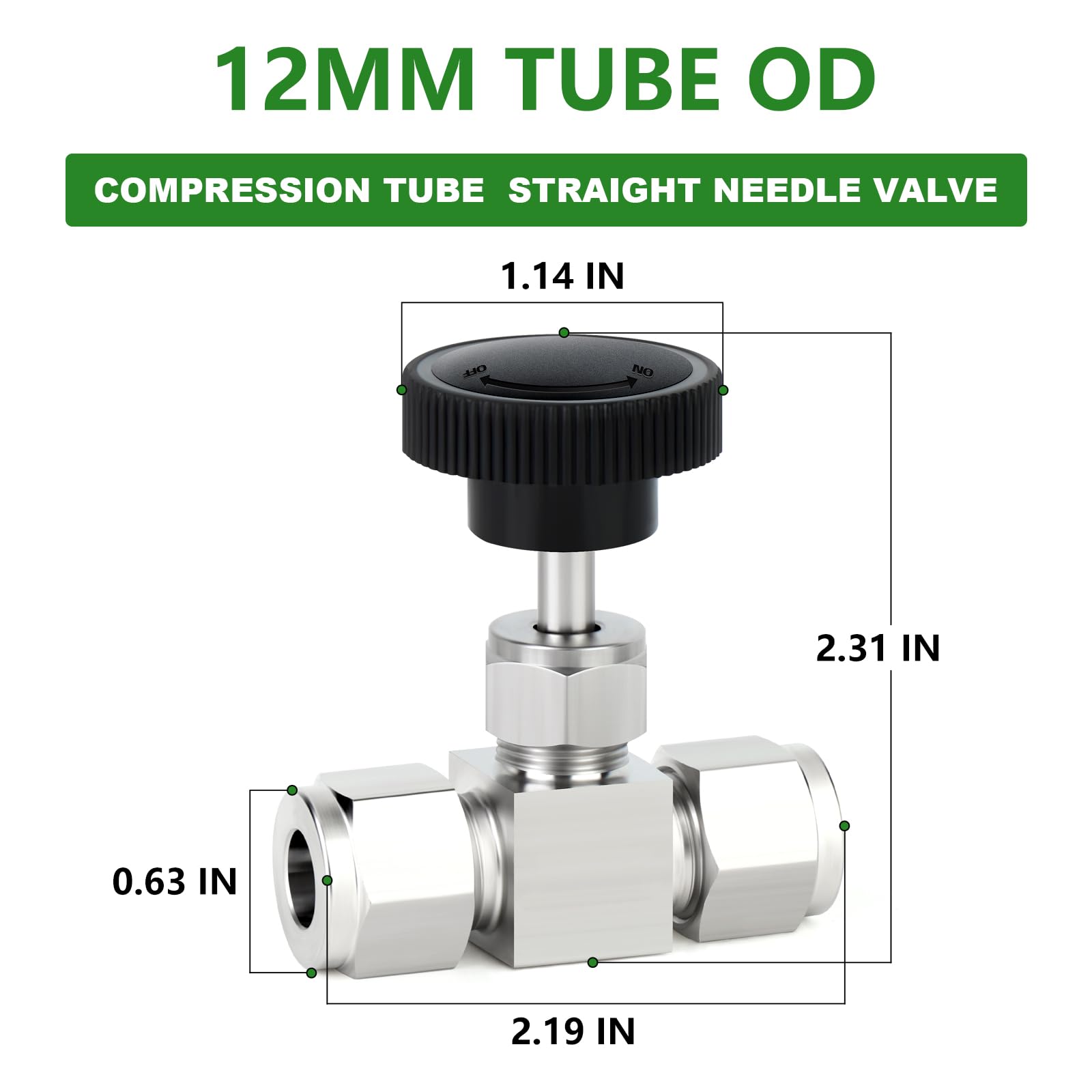 TAISHER 1PCS 304 Vanne à aiguille droite carrée en acier inoxydable à compression de tube 12MM OD x 12MM OD pour le contrôle du débit d'eau, de gaz et de pétrole