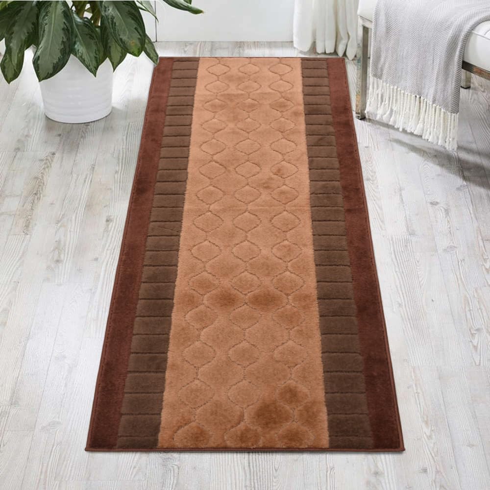 RugStylesOnline Washable Custom Size Runner Rug Trellis Circles Brown, (5 Feet Length x 26 Inch Width) Custom Cut Slip Resistant Rubber Backing Runner