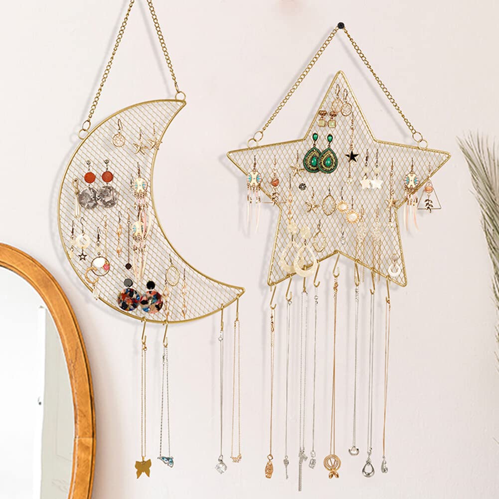 Hanging Earring Organizer Wall Mounted Jewelry Organizer for Women Girls - Moon Star Shaped Earring Organizer Frame Metal Grid Jewelry Display Rack with Hooks for Hold Rings Bracelets Necklaces