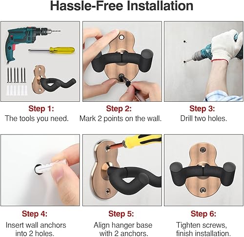 Miniatura 6 de MoKo Soporte de pared para guitarra, paquete de 3, soporte de pared para bajo, guitarra eléctrica, acústica, ukelele, guitarra, soporte de pared,