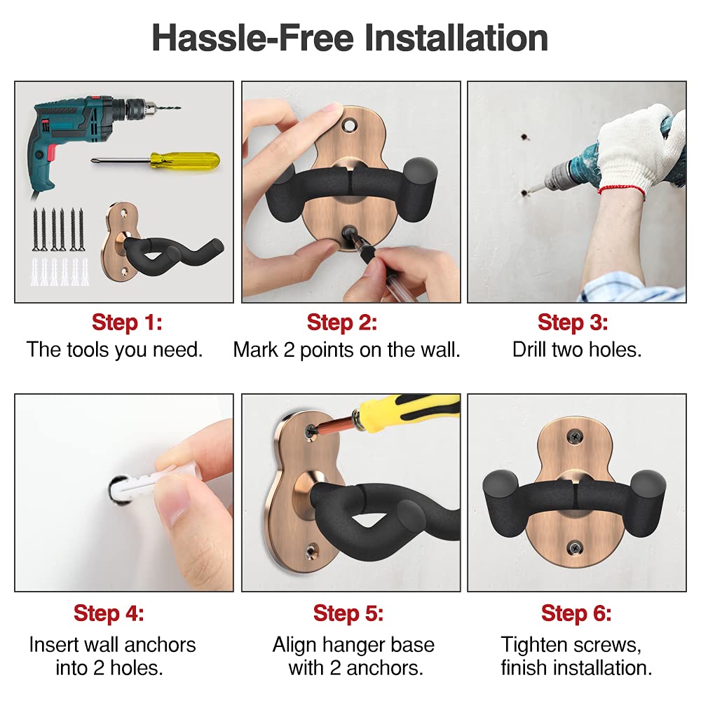 Supporto Parete Per Chitarra Moko - 3 Ganci Metallici Per Appendere Chitarra, Elettrica, Acustica, Ukulele O Violino | Nero - Foto 11