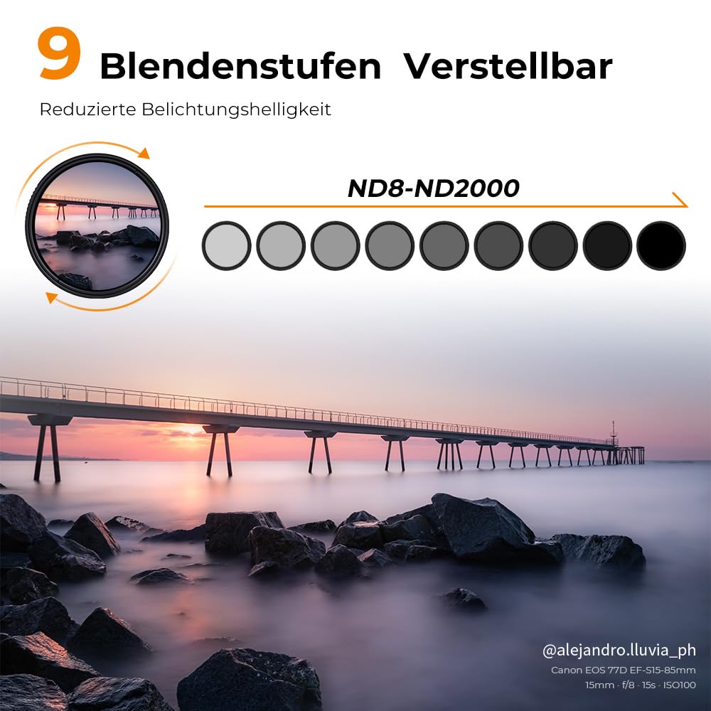 K&F CONCEPT Variabler ND Filter 72mm ND8- ND2000 Graufilter (3-11 Blenden) | Optikglas mit 24-lagiger Nano-Beschichtung,wasserdicht,HD Bild,für Landschaftsfotografie,Nano-Dazzle,FN503