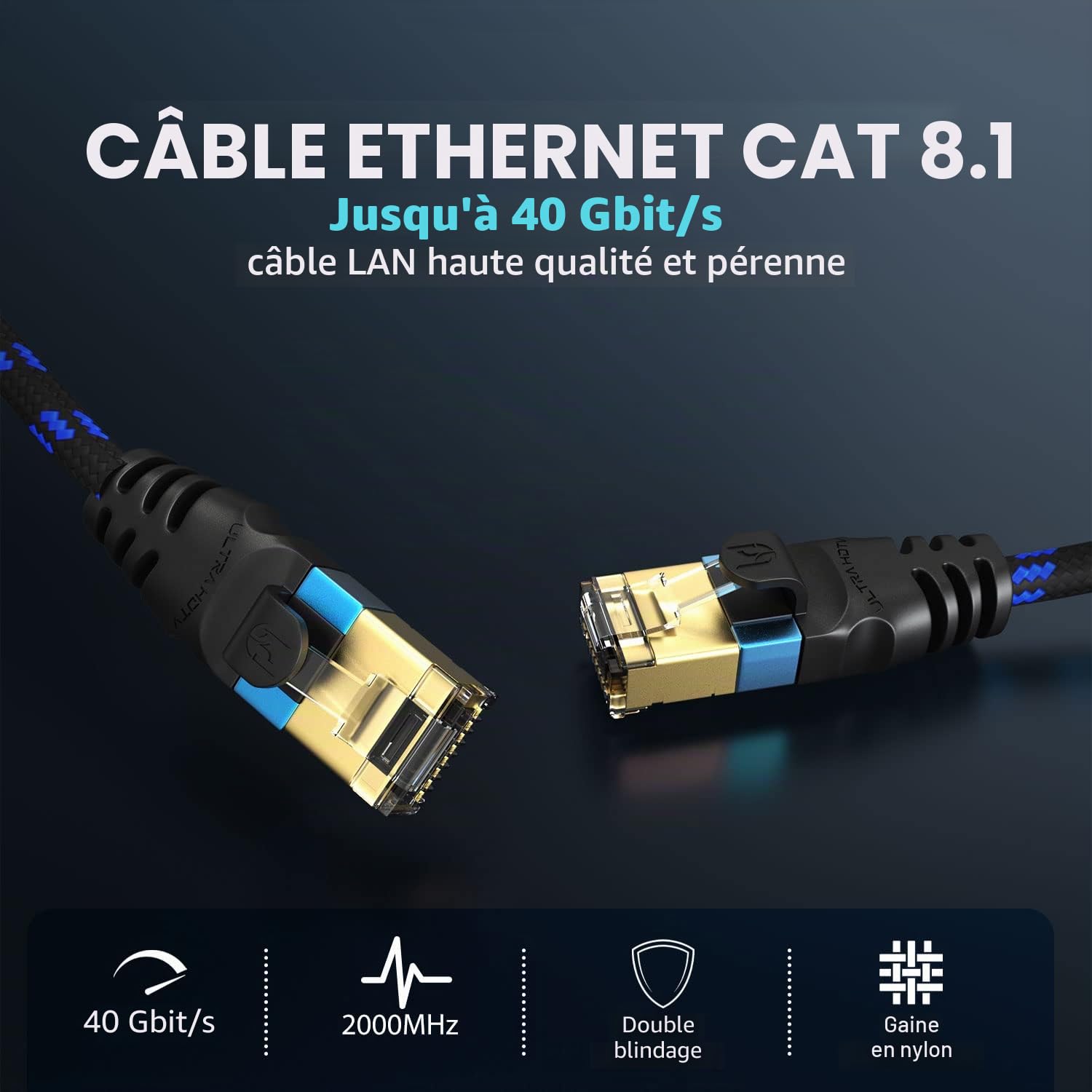 Ultra HDTV Câble réseau CAT 8.1-20 mètres, câble LAN 40 Gbps, câble patch Ethernet Gigabit RJ45, gaine nylon avec fibre optique 40.000 Mbit