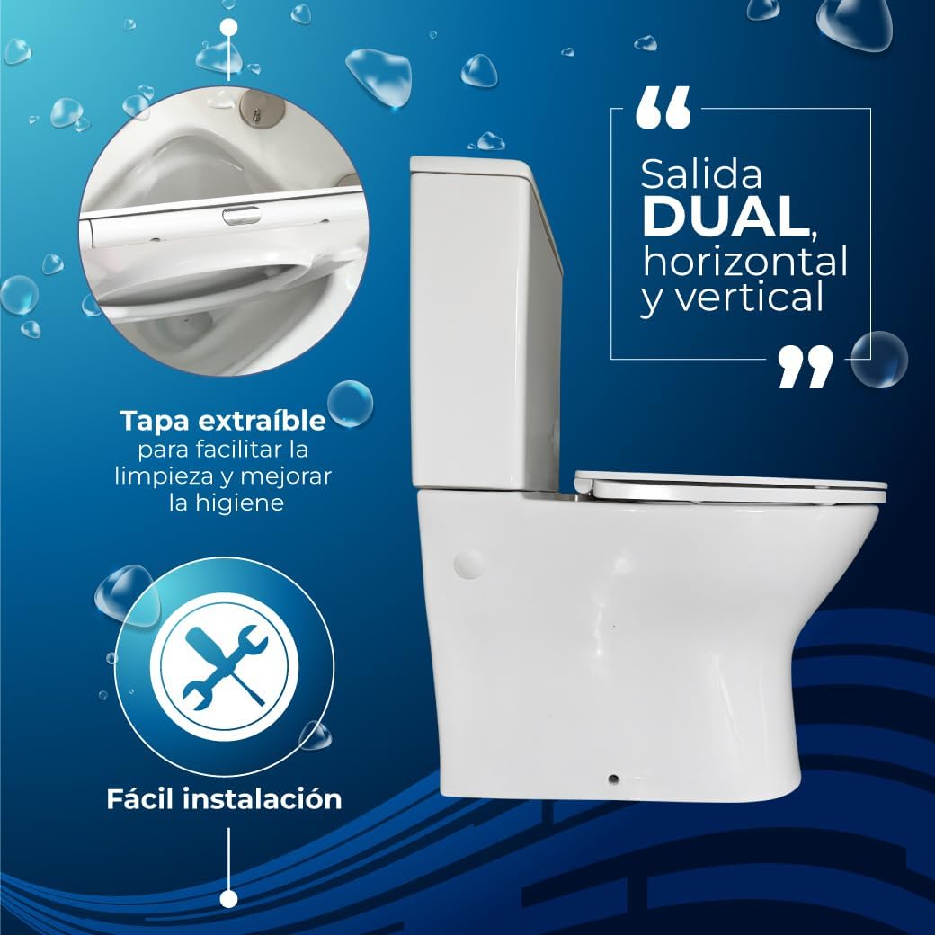 Inodoro Completo - WC Inodoro Completo con Sistema Rimless Antibacterias - Vater Baño con Tapa UF Termodurente Amortiguada - Inodoro Salida Dual Eficiente con Ahorro de Agua (Lisboa)