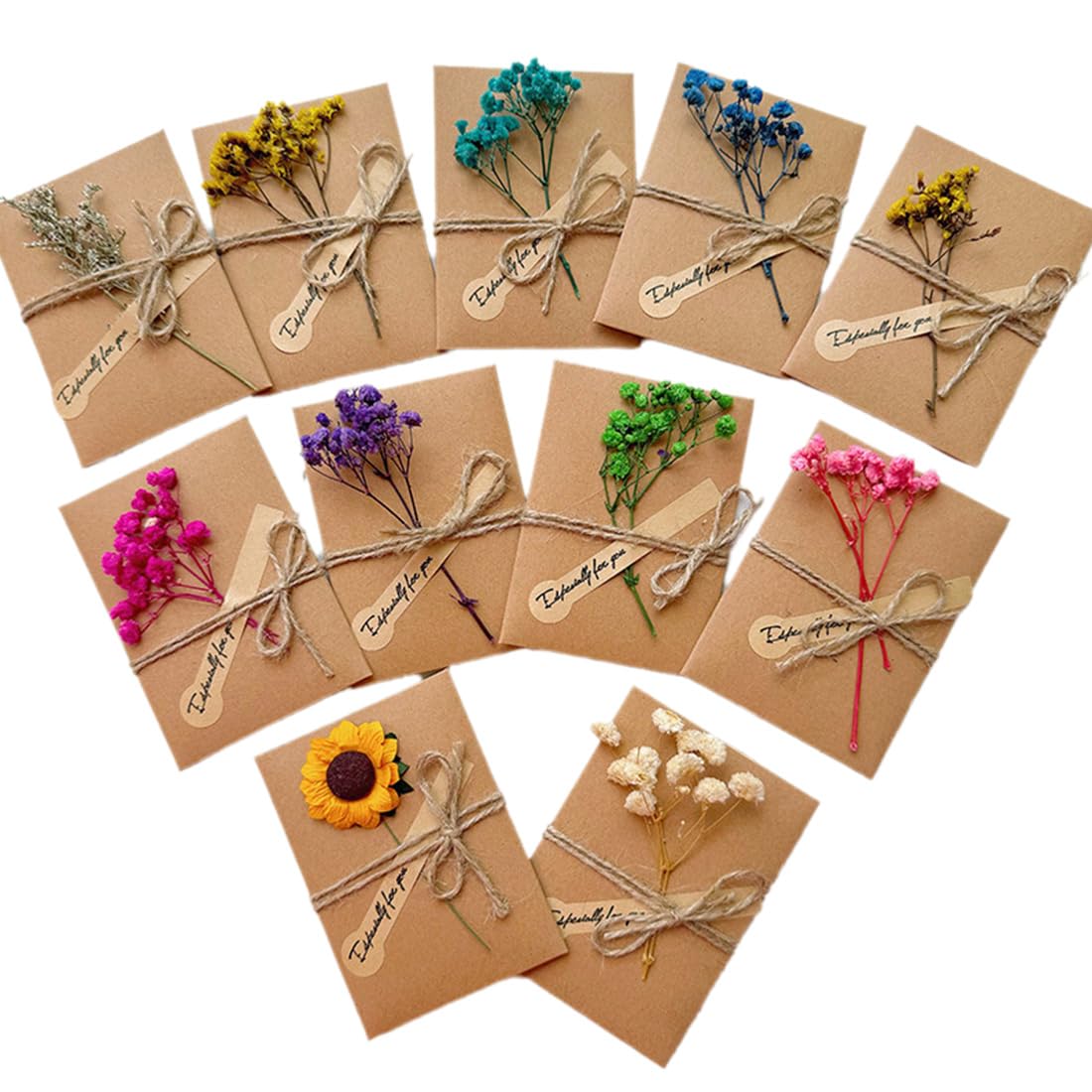 10 Pcs Tarjeta de Felicitación, Postales Vintage con Flores Secas Decoradas Postales, Tarjeta Kraft Felicitacion Cumpleaños Bebe Regalo Sobres Navidad Boda