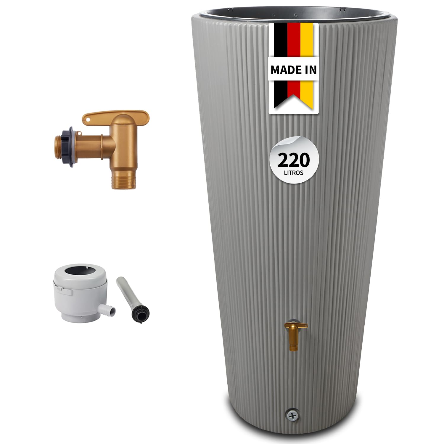 4rain Vaso 2en1 Decor depósito de Agua de Lluvia 220 L Gris Zinc Incl. Grifo de plástico y conexión al bajante | Incluye grifo de plástico y conector de bajada, forma delgada para el jardín, barril de lluvia vegetal