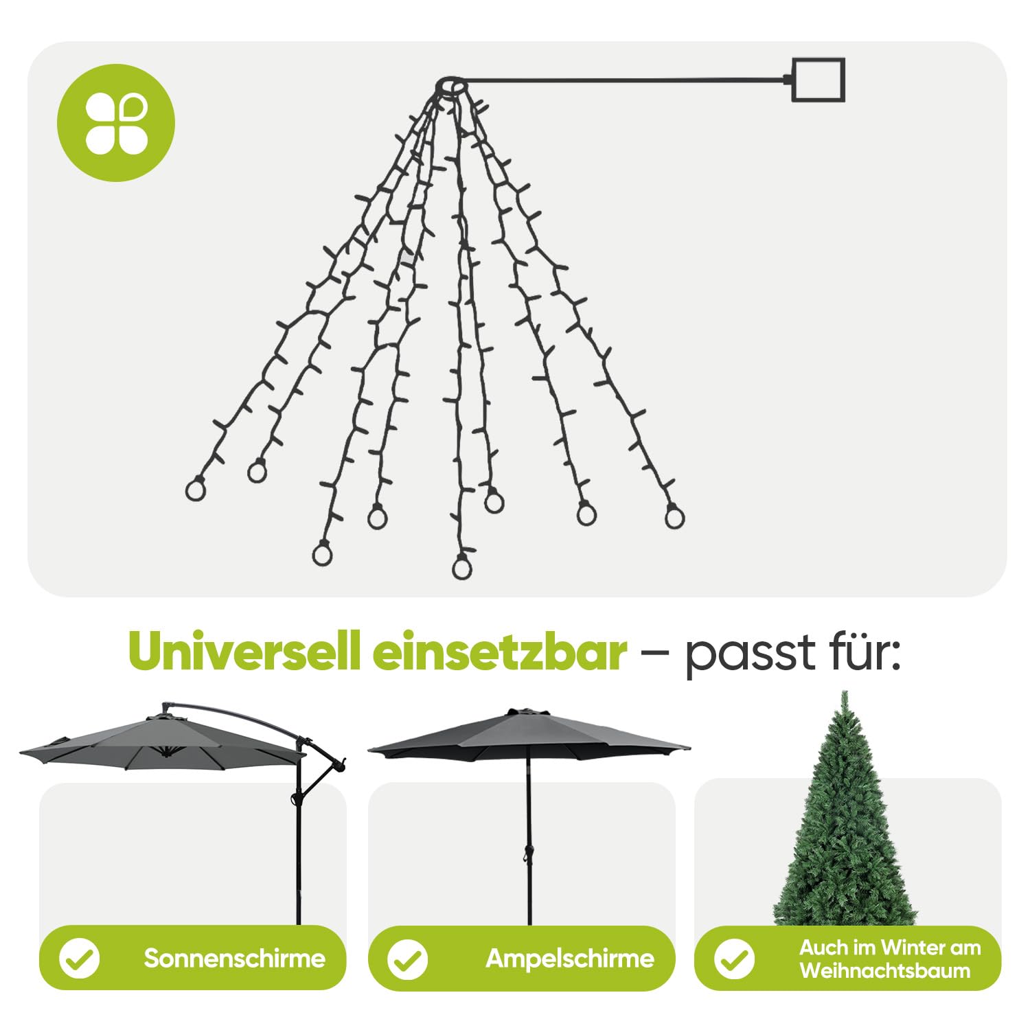 Sekey Luz para Sombrilla Solar con 136 LEDs y 8 Bombillas, Cadena de Luces para Sombrilla, Válida también para Parasol Excéntrico, 8 Modos + Mando a Distancia, para Patio, Exterior