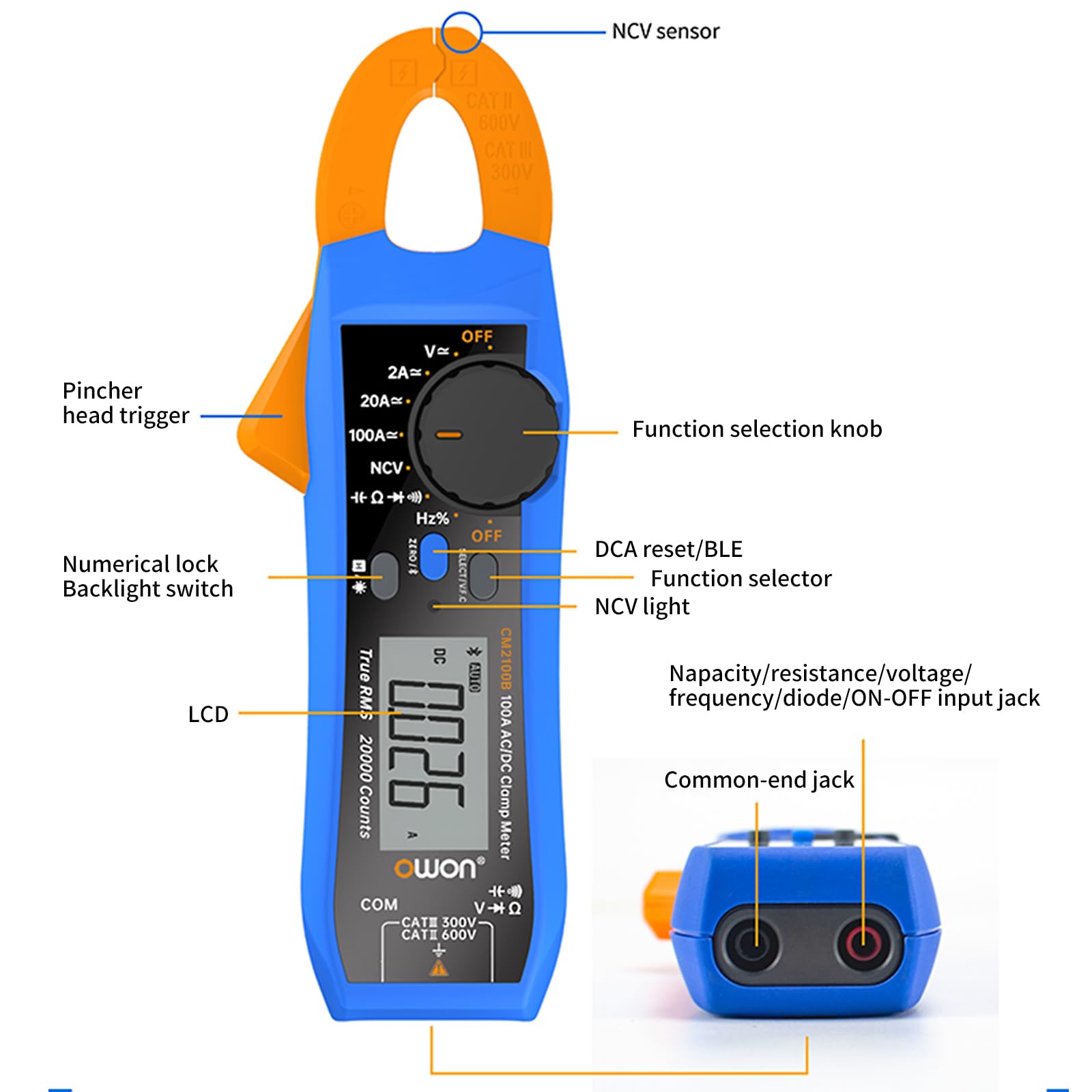 OWON CM2100B Bluetooth mini cyfrowy miernik zaciskowy, 100 A AC DC, napięcie prądowe, prawdziwe szczypce RMS amperomierz, opór, pojemność, kontroler, diody, multimetr