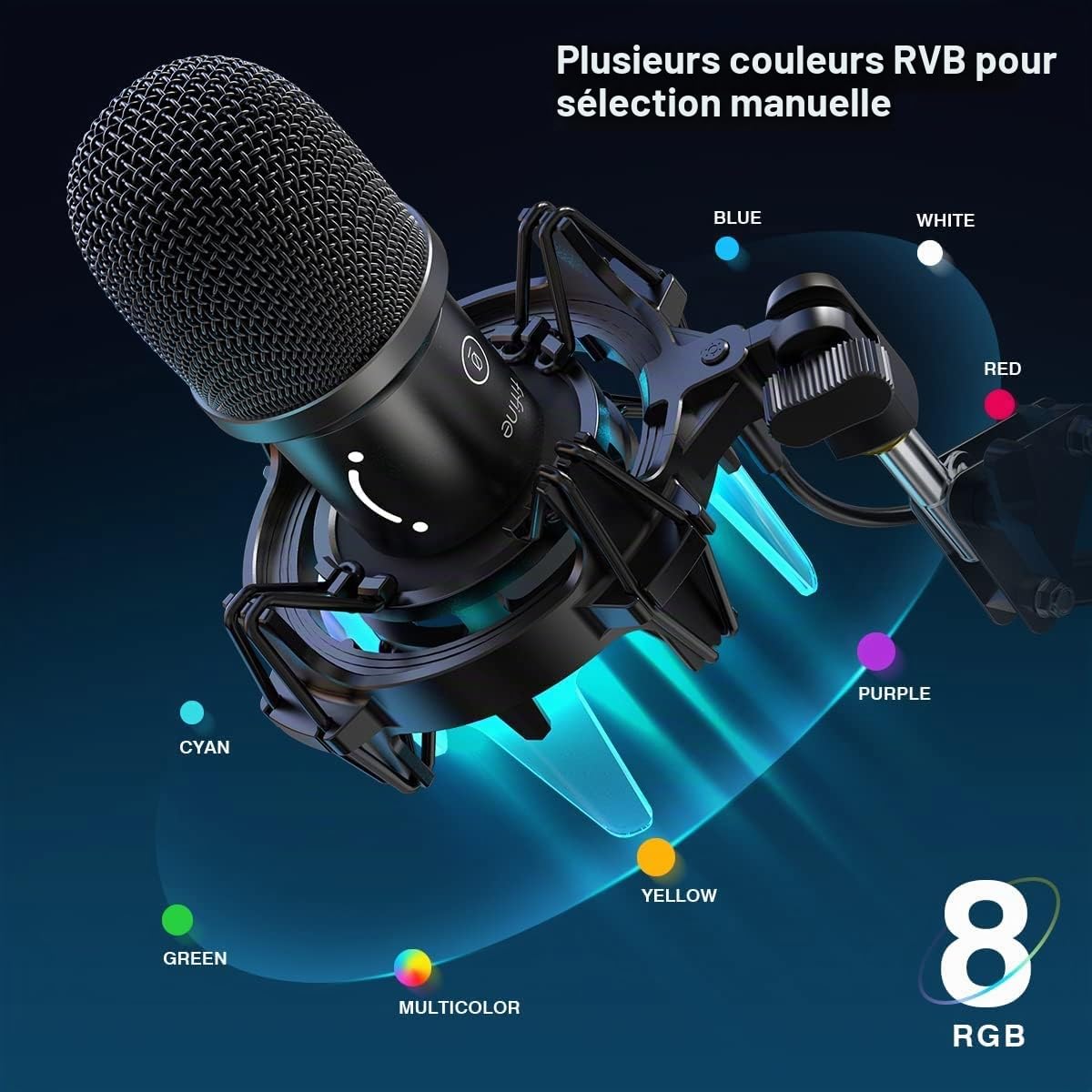 FIFINE USB Microphone Gaming Kit, Dynamiques Microphone pour Ordinateur, avec Bouton de Silence, 8 RGB Couleurs Fixation Antichoc, Support de Bras, Microphone Cardioïde, pour PC PS4 PS5