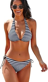 Traje de baño de Dos Piezas para Mujer, Color Azul Marino a Rayas, Bikini con Top Corto, Traje de baño Estampado