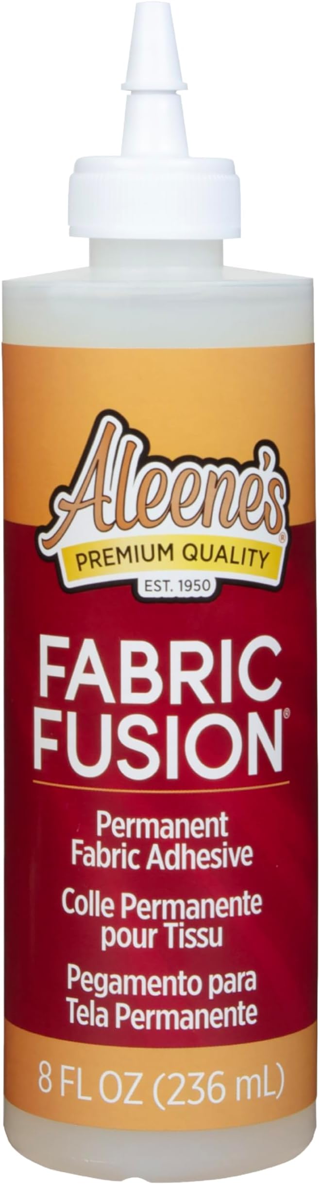 Aleene's Fabric Fusion Glue 8 fl oz, Permanent and Washable Adhesive, No-Sew Fabric Glue for Clothing, Denim, Polyester, Cotton, Flannel Materials, Dries Flexible