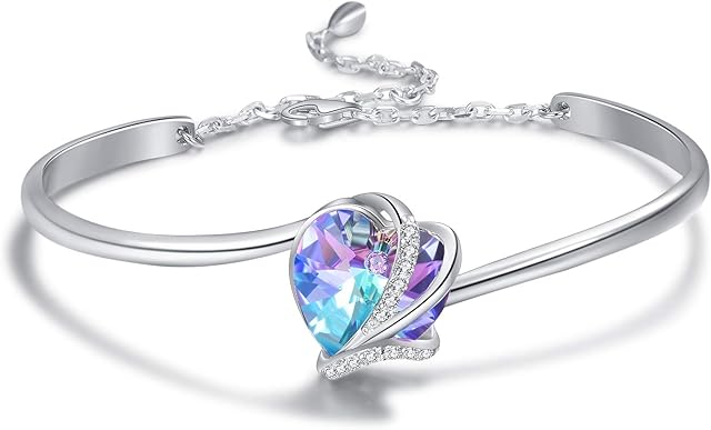 Sterling Silver Love Heart Adjustable Bangle Bracelet for Women with Crystals, Birthday Anniversary Jewellery Gifts for Mum Wife Girlfriend Her