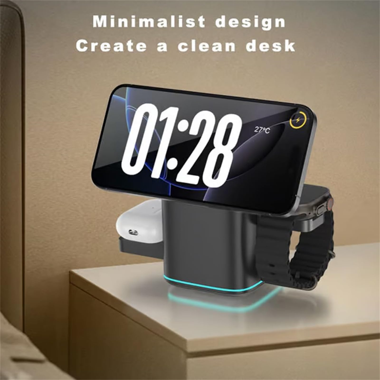 Subsistenceed Chargeur sans fil 3 en 1, station de charge tactile multi-appareils de subsistance, charge multi-appareils sans fil tactile (noir)