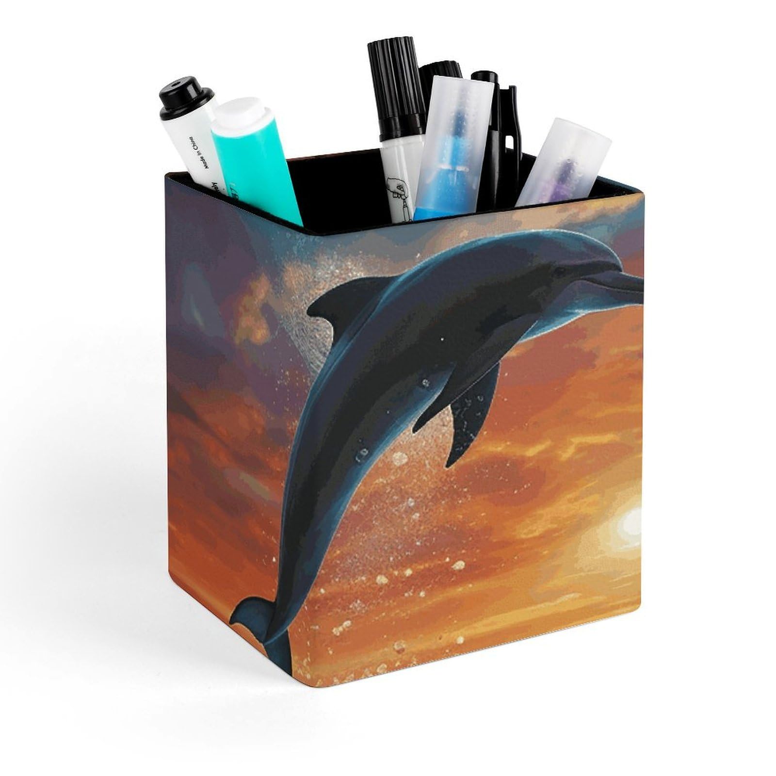 FekiLoot Dolphins And Palm Trees Pencil Holder Square Leather Pen Holder Cup Modern Multi-Functional Pencil Cup Holder Decorative Desk Organizer Caddy Makeup Brush Holders for Desk Office