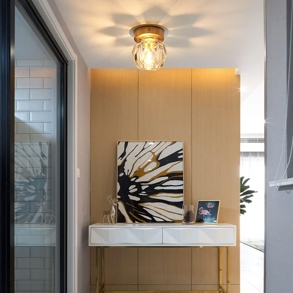 Siet Crystal Ceiling Light Semi Flush Mount, Brass Close to Ceiling Lighting Fixture, Modern Hallway Lights Ceiling Mounted Mini Chandelier for Corridor Foyer Bedroom Office