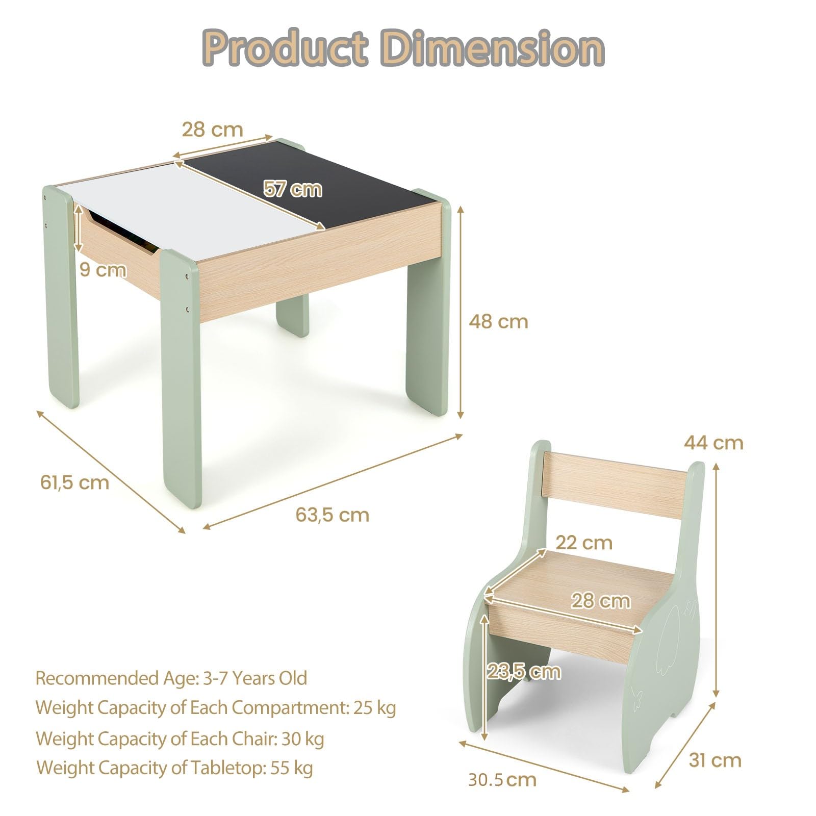 LIFEZEAL 3 in 1 Tavolo per Bambini con 2 Sedie, Tavolino e Sedie per Bambini in Legno, Tavolino Bimbi con Contenitore, Lavagne Bianco e Nero per Disegnare, tavolino bambini per cameretta (verde)