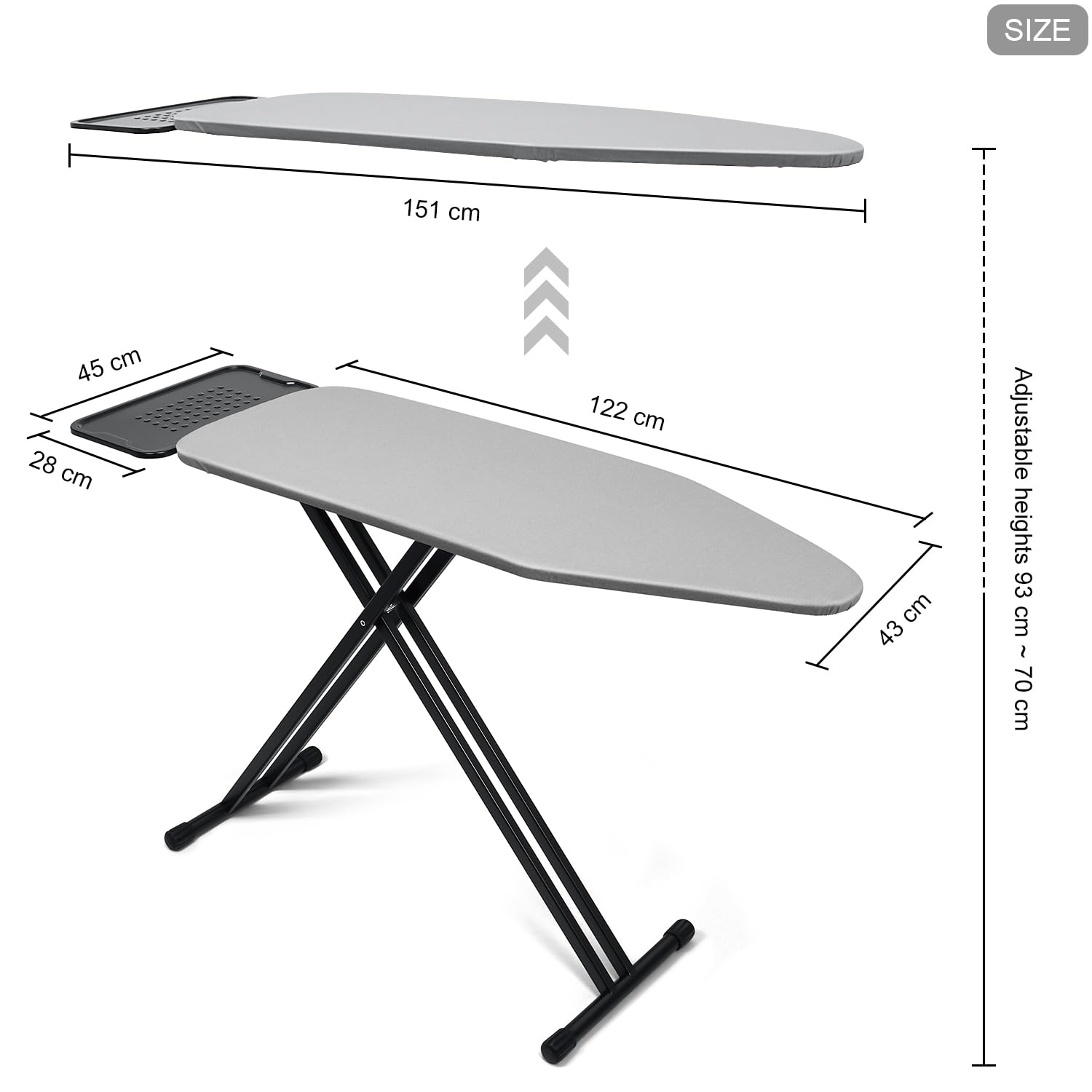 Duwee Asse da Stiro Extra Grande da 43x122 cm con Grande Poggia Ferro a Vapore, Copertura Resistente al Calore in Metallo con Imbottitura a Doppio Strato Spessa, Altezza Regolabile, Gambe Robuste e