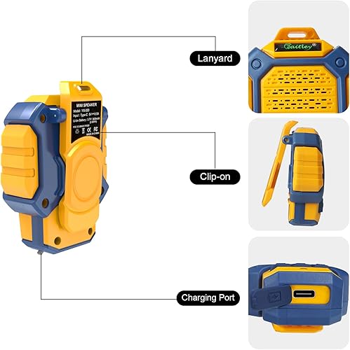 Miniatura 2 de waitley Mini altavoz Bluetooth portátil, clip y cordón, IP56 impermeable, tiempo de reproducción de 12 horas, micrófono integrado para exteriores,