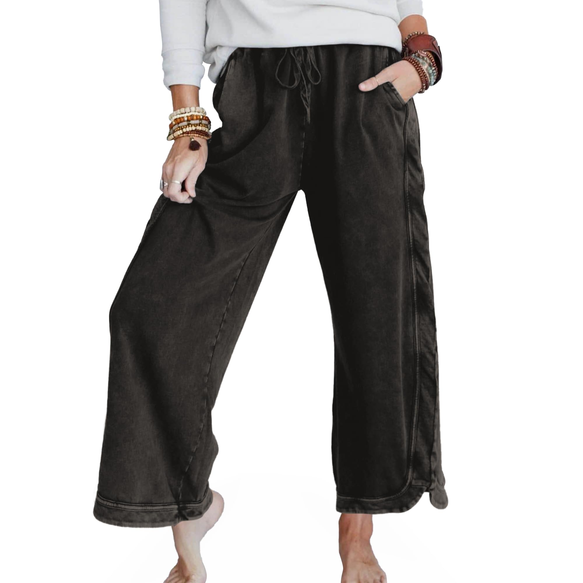 Ainangua Womens Casual Wide Leg Pants High Waist Acid Wash Baggy Palazzo Pants Athletic Lounge Trousers with Pockets