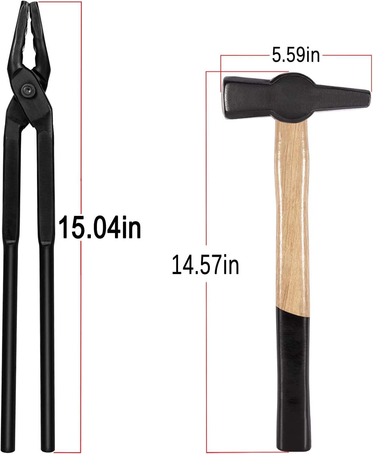Blacksmith Forging Tools Kit Wolf Jaw Tongs - 15" length and Blacksmith Hammer For Anvil Blacksmithing Forging Hammer Forge Tools For Making Knife, Forged Tongs