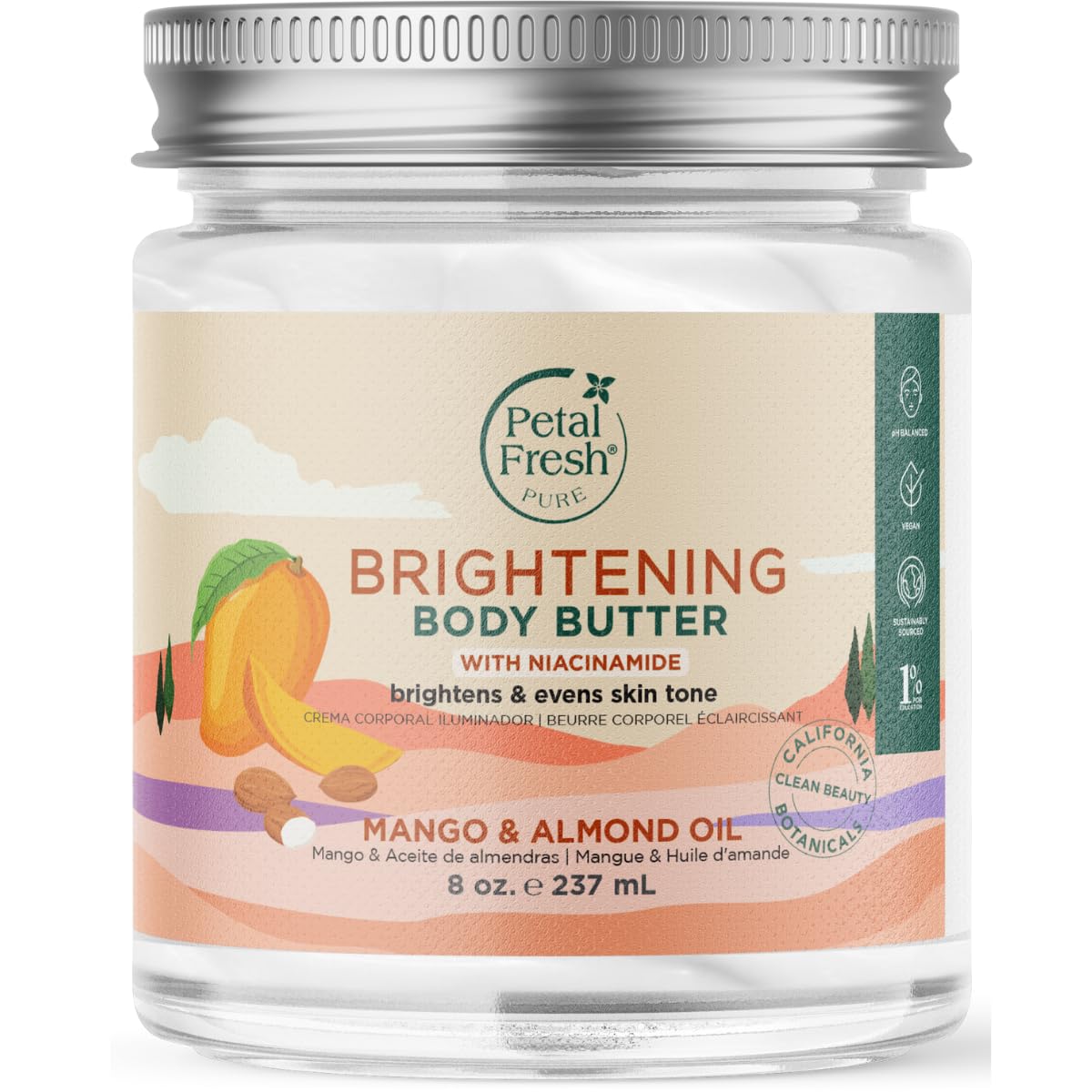 Petal Fresh Pure Brightening Mango & Almond Oil Body Butter with Niacinamide, Shea Butter, Promotes Collagen, For All Skin Types, Vegan and Cruelty Free, Non-Greasy, 8 oz – MADE IN USA