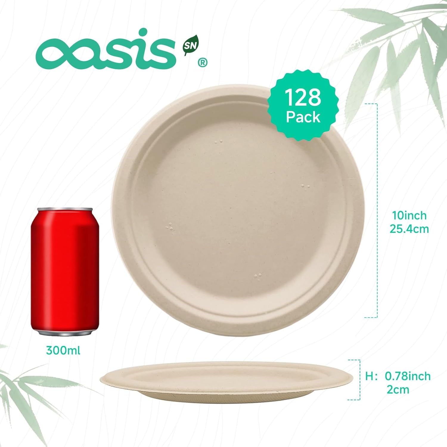 10 Inch 128 Pack Compostable Disposable Paper Plates, Large Round Dinner Plates, Heavy Duty Sugarcane Bagasse, Biodegradable Eco-Friendly for Parties & Daily Use, Natural