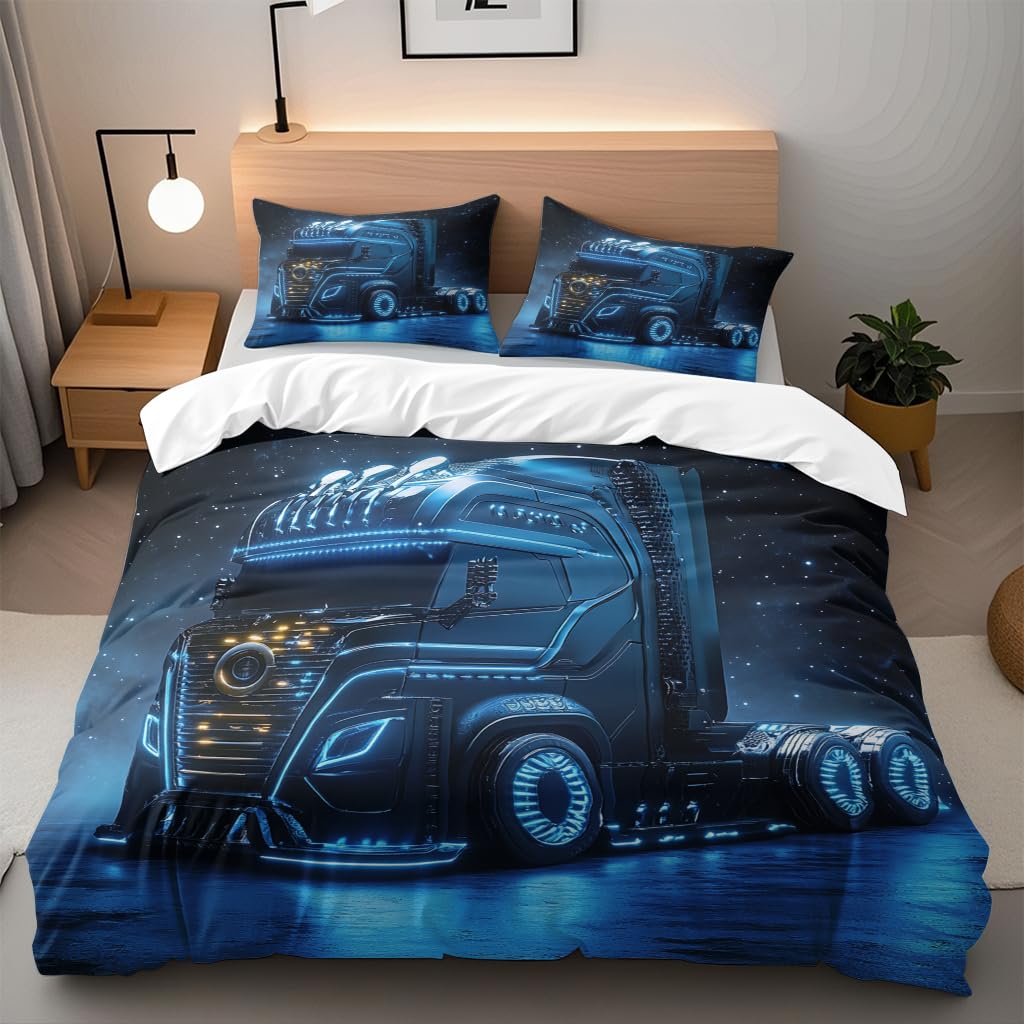 Générique Camion Bleu Housse De Couette 140X 200 Cm Impression Microfibre Parure De Lit 3D Enfant Adulte 1 Personnes avec Fermeture 2 Taie d'oreiller 65X65 Cm