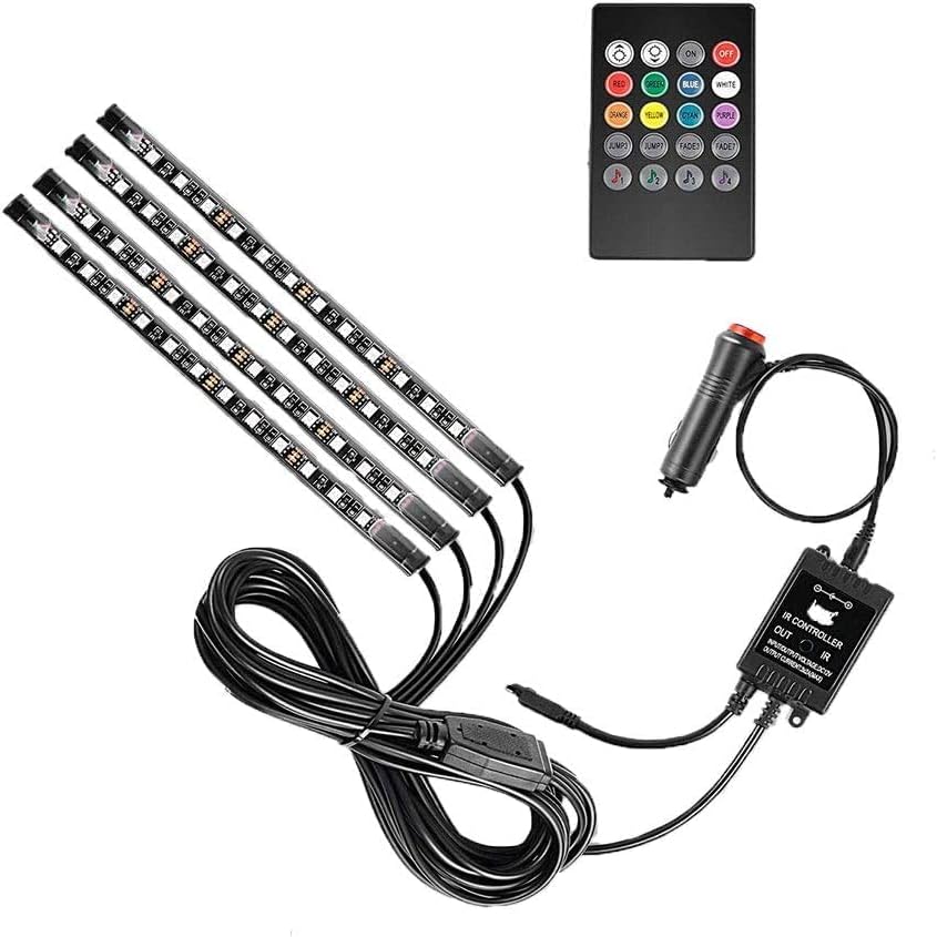 Car Interior Lights-OONOL Car LED Strip Light, 4pcs 48LED 8 Colors Flexible Music Light Kit with Sound Sensor and Remote Control, DC 12V, Car Charger